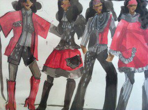 Laura Volpintesta, croquis book, winter collection sketches in gouache