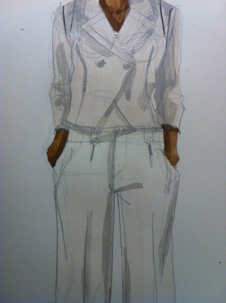 unfinished White Gouache Fashion Illustration with shadows