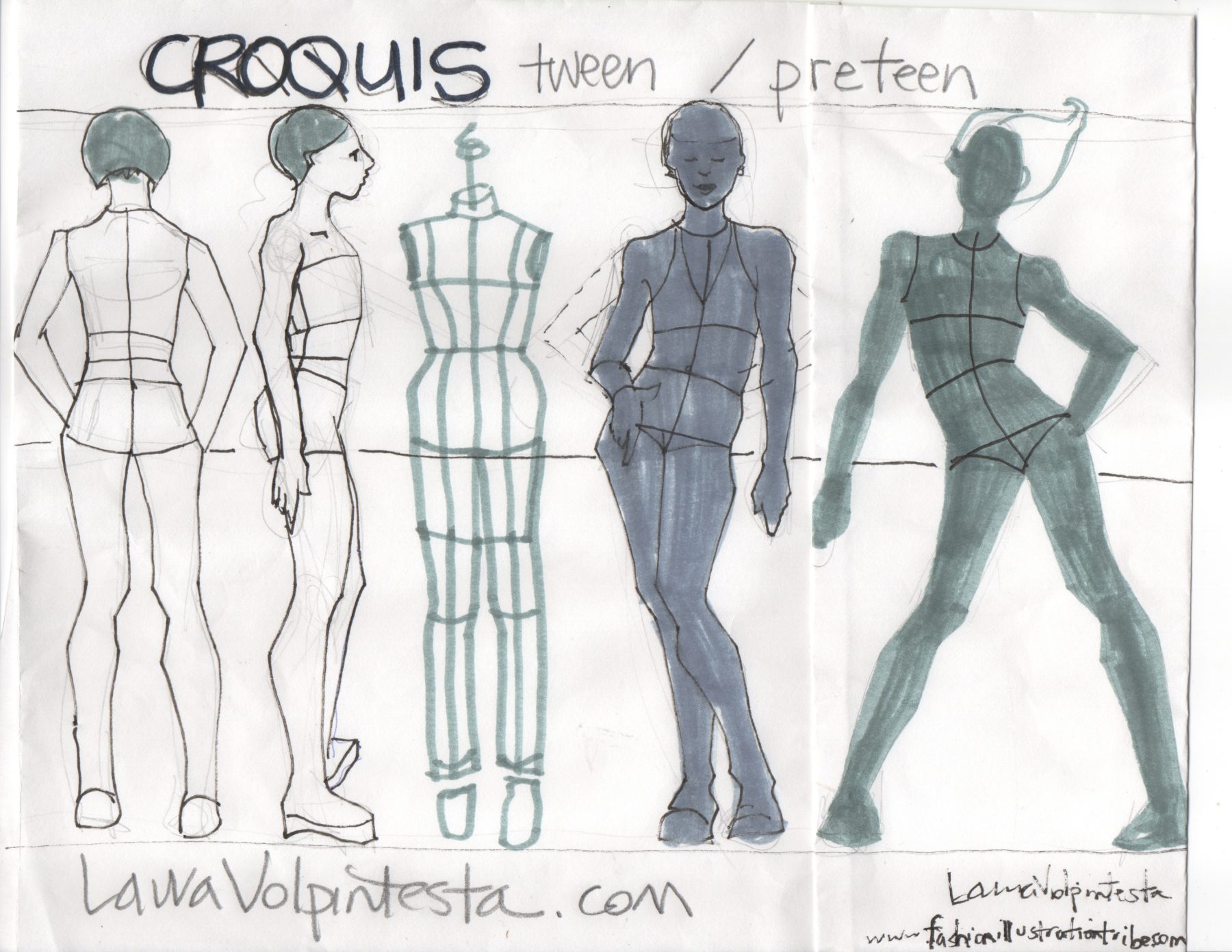 Sketch of the female body. Girl model Front and back view. Pose hands on  the belt.