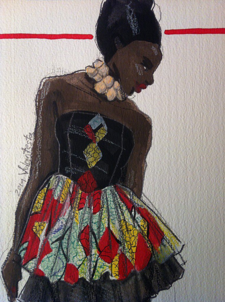 African Print eveningwear dress gouache fashion illustration by Laura Volpintesta