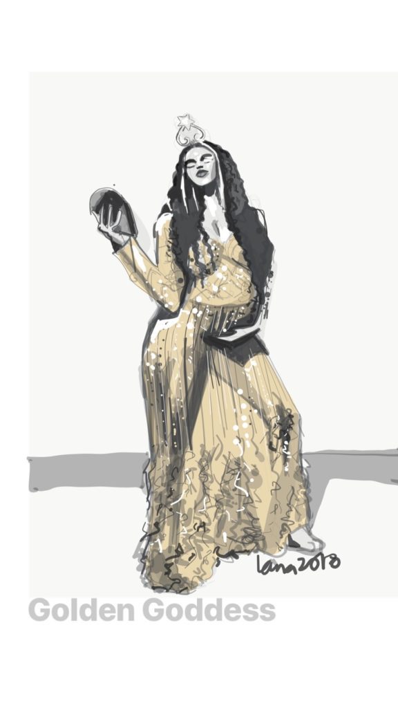 Beaded maternity evening gown illustrated by laura Volpintesta