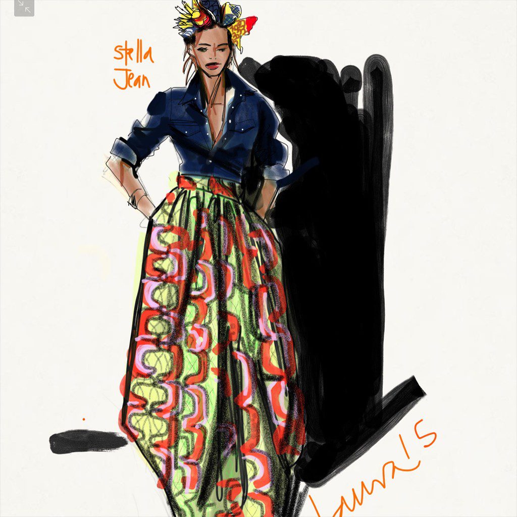 Stella Jean ensemble with African Print skirt and denim shirt, illustrated by laura Volpintesta