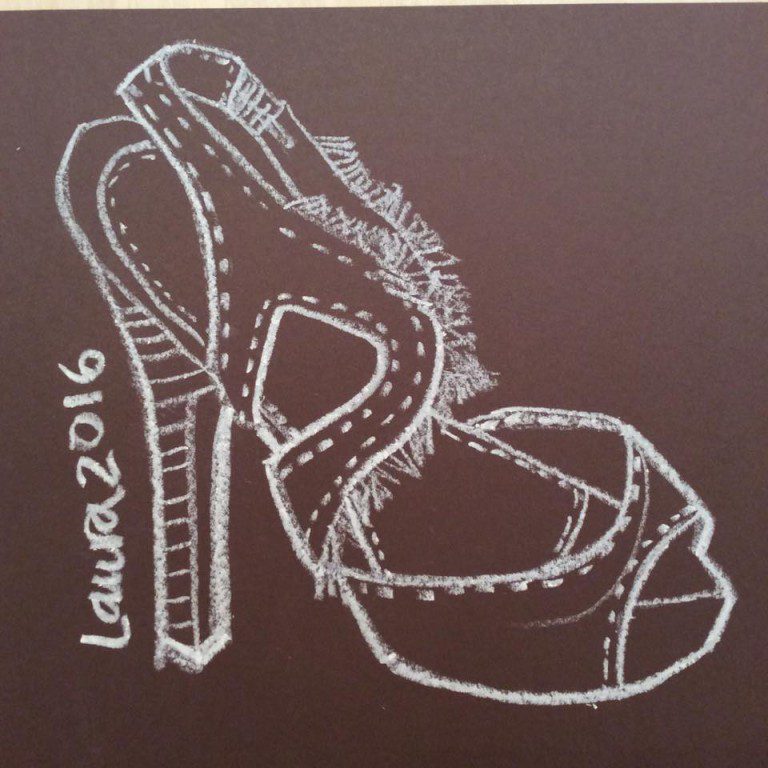 drawing shoes and accessories: observational sketch of a fashion shoe with fringe trim and topstitching. WHite pencil on toned paper. by Laura Volpintesta