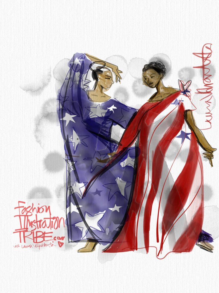 original caftan Costume design fashion illustration using Tayasui Sketches app on ipad- digital fashion illustration technique online course by Laura Volpintesta