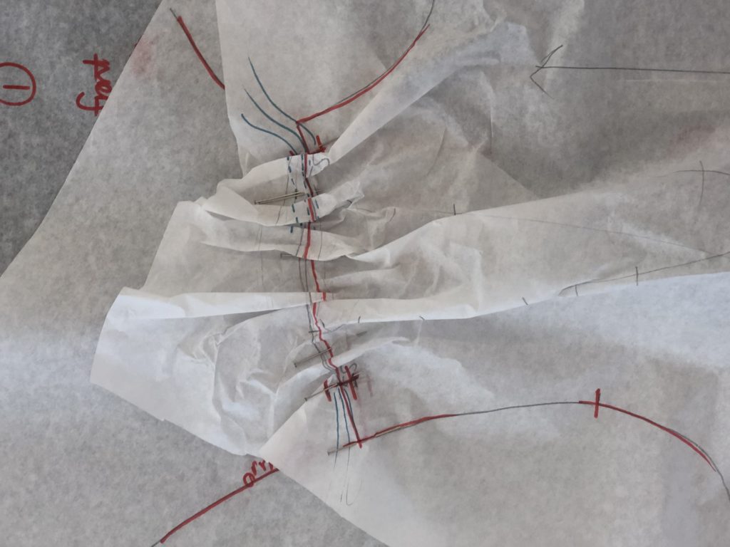 gathers in a flat pattern tissue draft in fashion patternmaking class