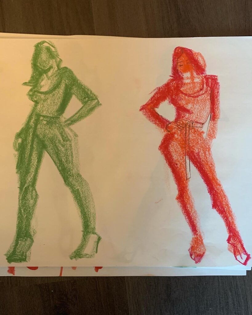 model drawing for fashion illustration by laura volpintesta- oil pastel studies of pose, anatomy, shadow and balance