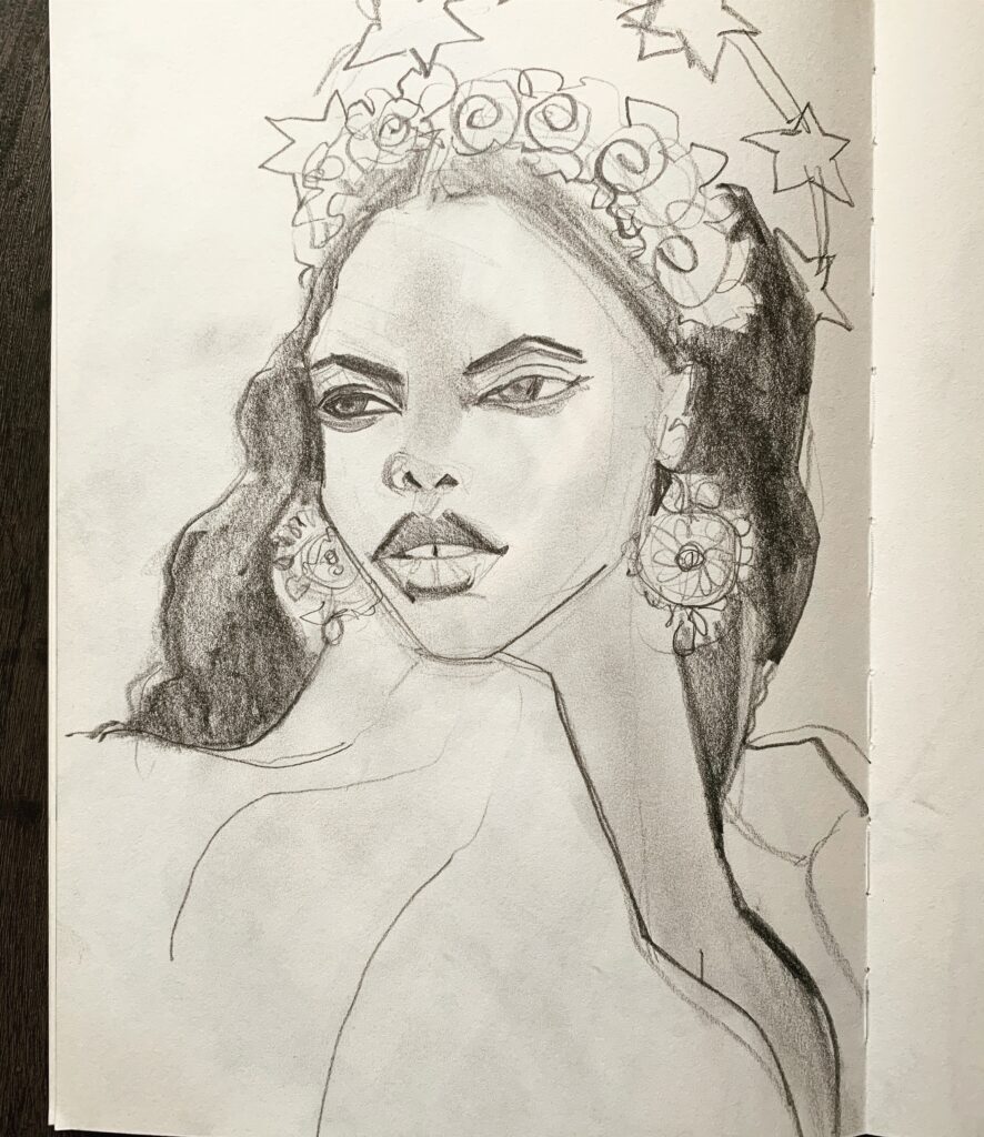 sketching fashion faces with graphite, smudge, shadow, highlight. Soft pencils for exploration.