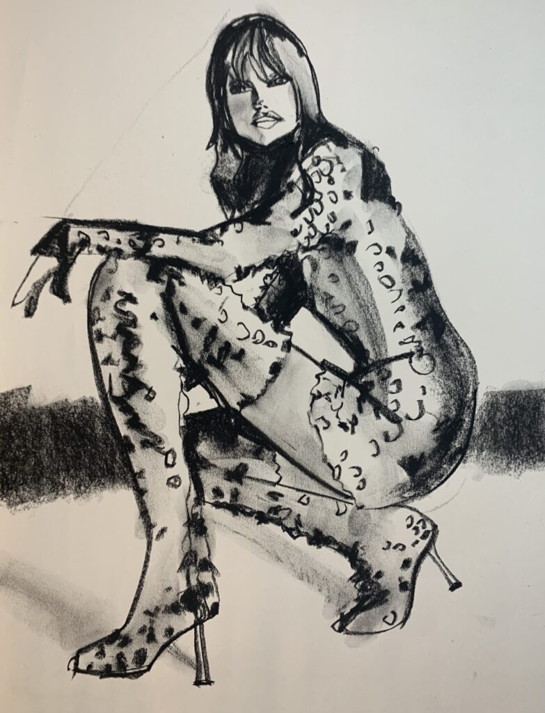 shiny sparkling pantsuit rendering sparkle , texture, shine in fashion design by laura volpintesta