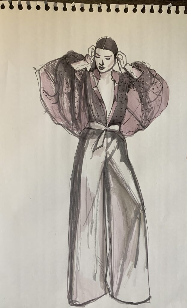 rendering textures and surfaces: sparkles, sheer, satin fashion illustration by Laura Volpintesta
