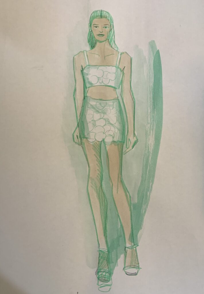 textures sparkle, shine, surface, and design: sequin pailletes ensemble fashion illustration by Laura Volpintesta