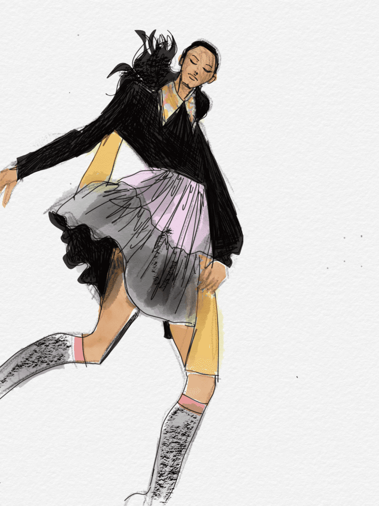 digital fashion sketching gathers, tiers and collars with Laura Volpintesta on Tayasui sketches Pro app on ipad