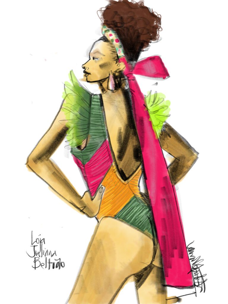 Sketching Avoa at Loja Juliana Beltrao, illustration by Laura Volpintesta using Adobe Fresco app on ipad Pro Fashion sketching