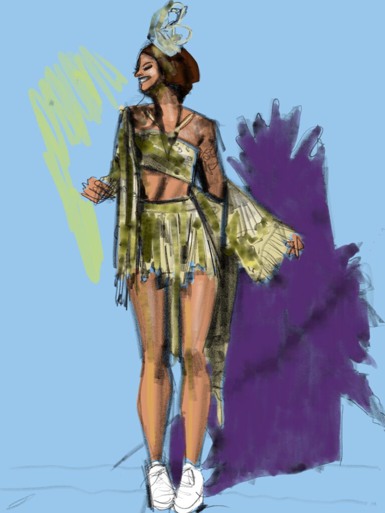 Sketching carnaval costume fashion with Adobe Fresco app, metallic and fringe effects using Adobe Fresco app, fashion illu