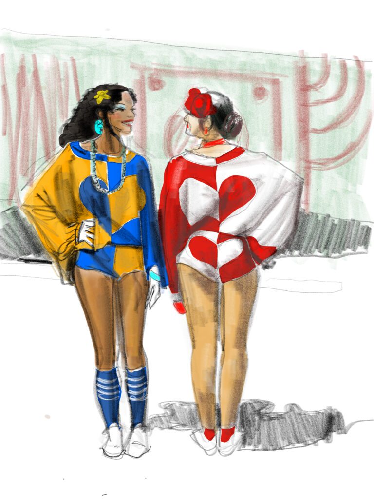 Sketching Carnaval costume fashion by Periodo Fertil, Olinda, Brasil using Adoble Fresco App, Illustration by Laura Volpintesta