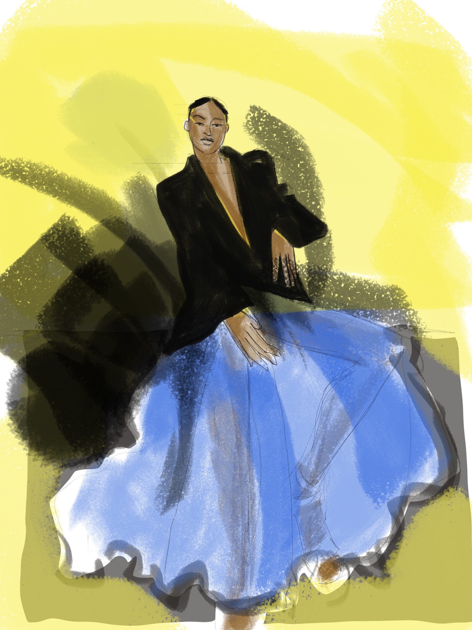 Fashion illustration : eveningwear design jacket and full sheer tulle skirt digital fashion illustration by Laura Volpintesta on ipad technique for digital course