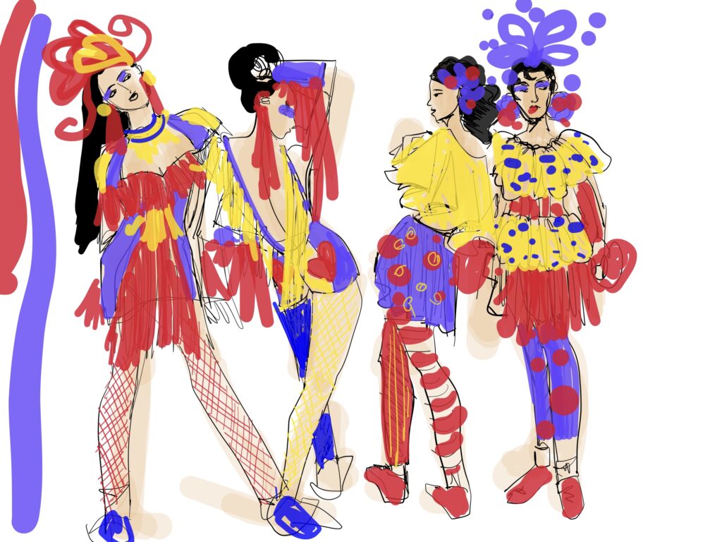 Creative fashion and costume design sketching on ipad with Adobe Fresco app, by Laura Volpintesta