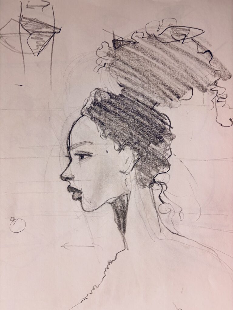 profile face study sketched in pencil for fashion illustration and drawing online course by Laura Volpintesta