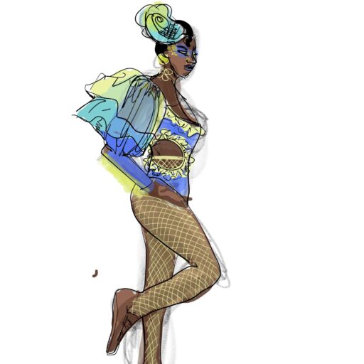 ipad fashion Sketching Carnaval Costume - creative fashion and costume sketching with Adobe Fresco app for digital fashion illustration with sheer fabrics by Laura Volpintesta