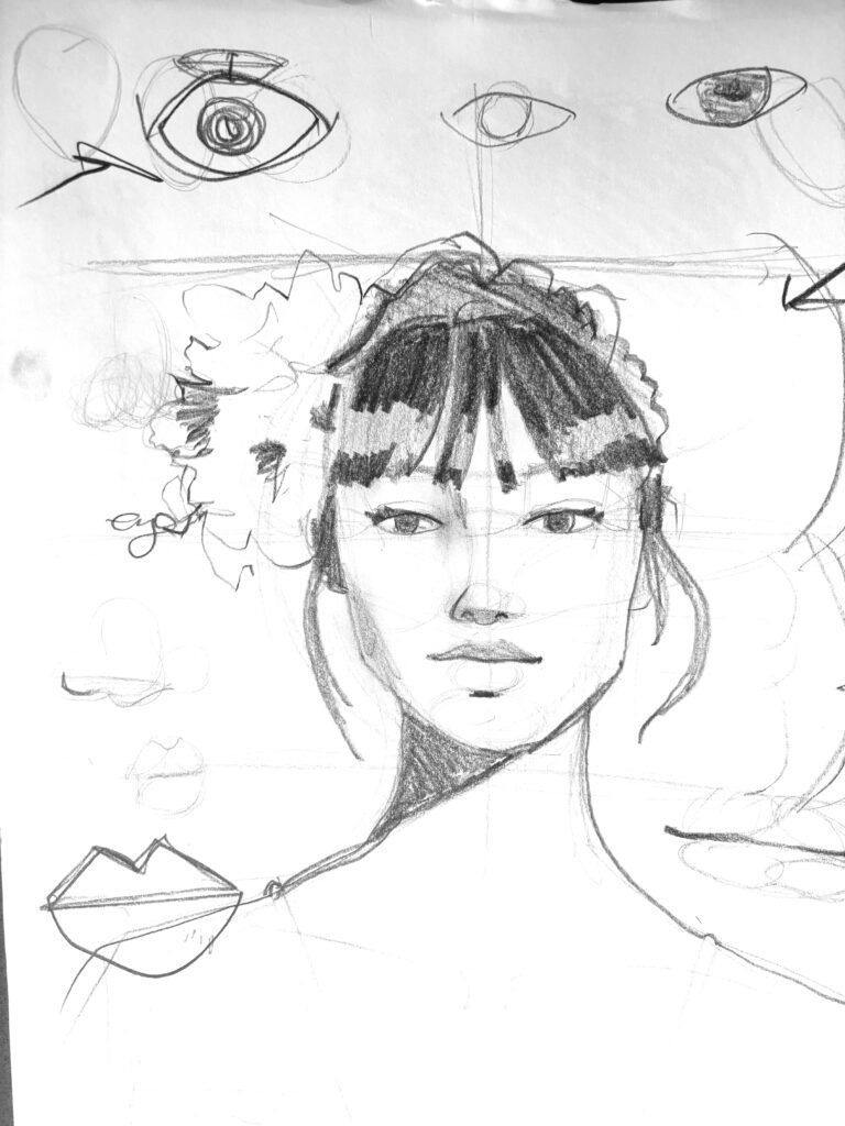 drawing faces frontal face sketch for fashion illustration by Laura Volpintesta in pencil