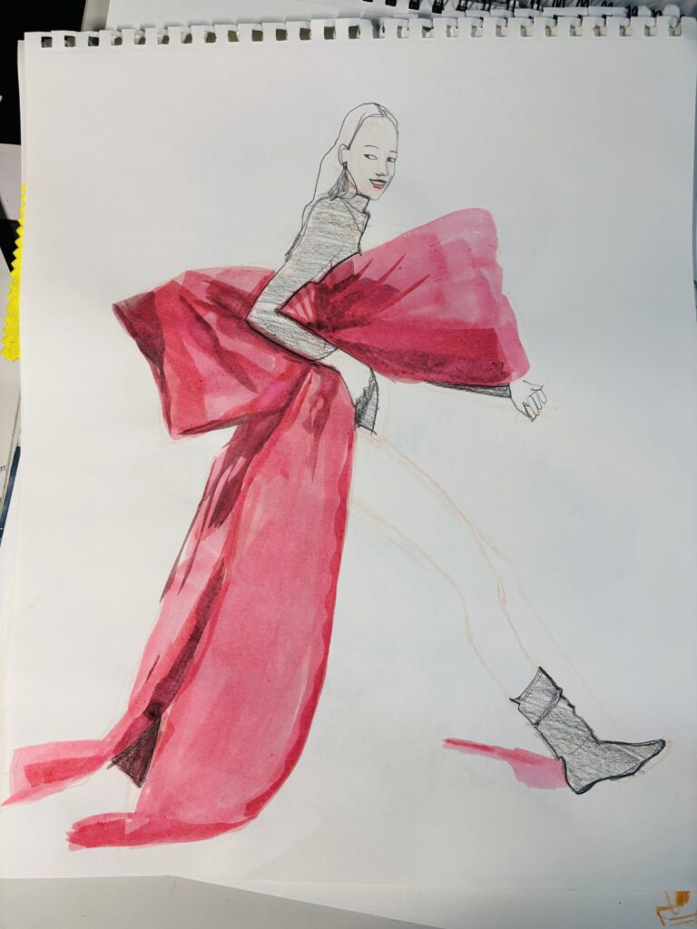 Study of a walking pose fashion model profile in colored pencil and wash of gouache. Holiday themed large red bow fashion illustration study from online fashion drawing course by laura volpintesta