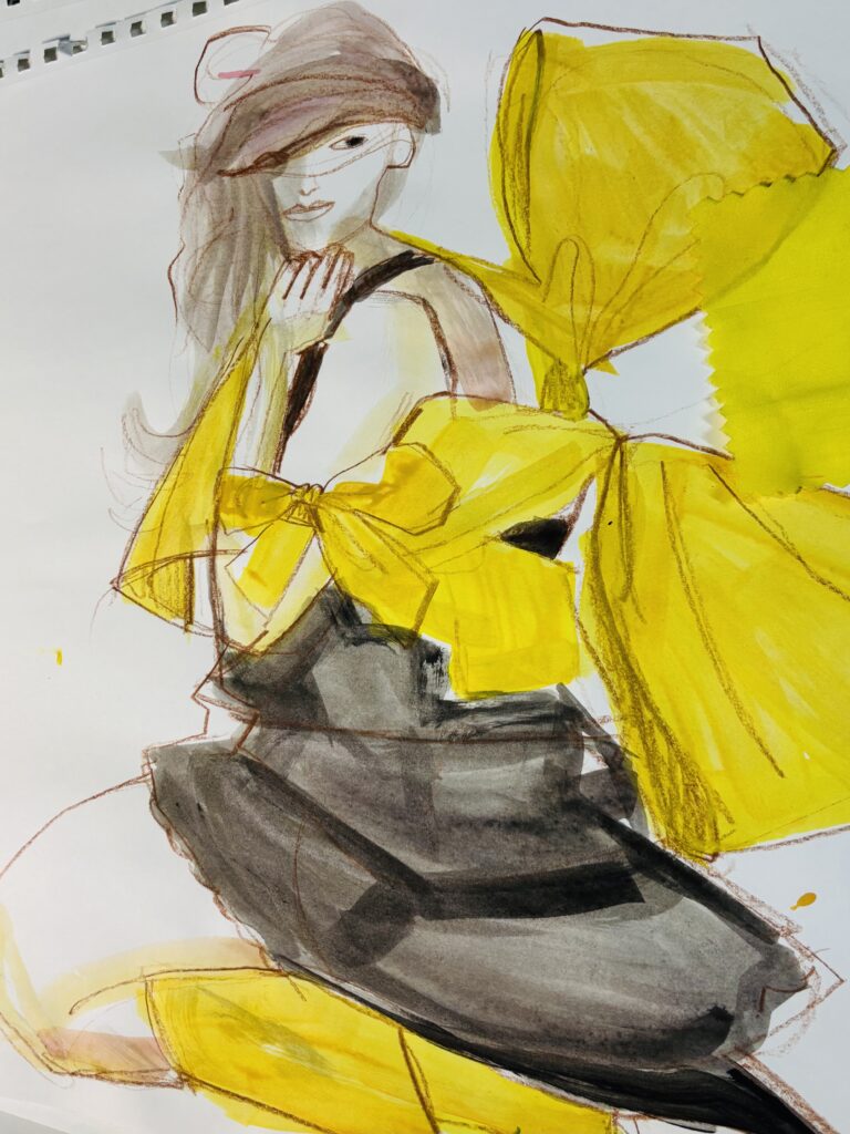 Evening dress with large yellow bow- fashion illustration 10 minute fashion drawing exercise in gouache and pencil by Laura Volpintesta