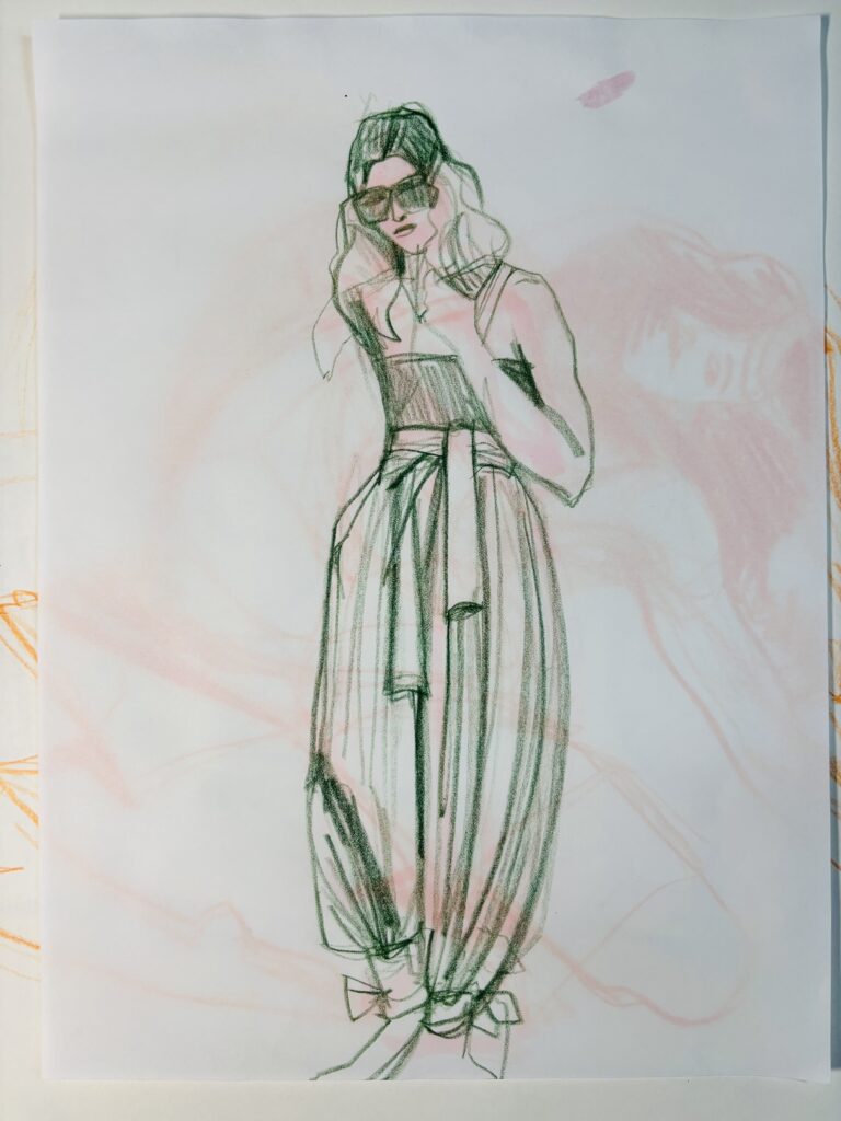 Harem pants with waist and ankle ties, fashion drawing exercises online model drawing course with Laura Volpintesta