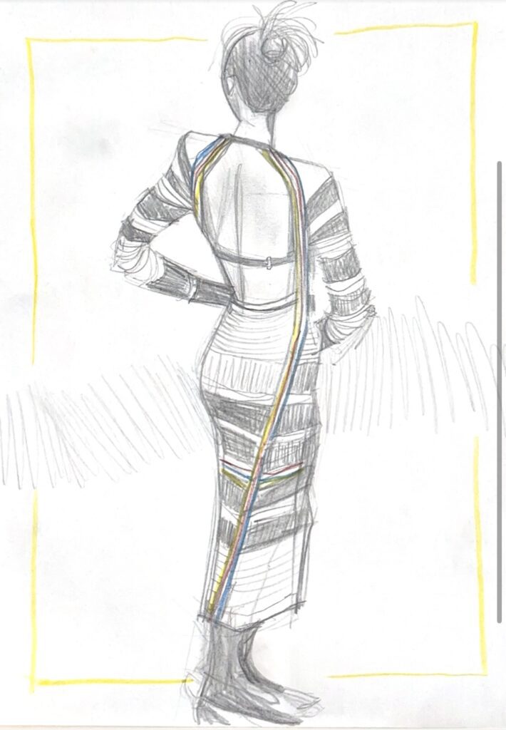 Vertical and horizontally striped knit dress sketched in graphite and colored pencil with open back. Sketch By Laura Volpintesta
