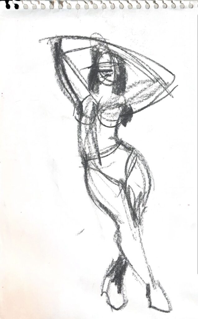 Female fashion Model drawing exercise gesture in charcoal by Laura Volpintesta