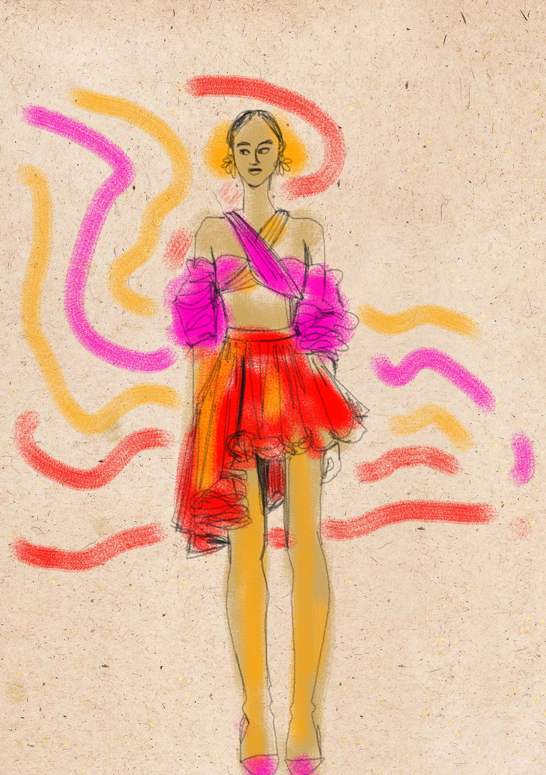 repaper app, imagink app, toned paper, tinted, background, analogous color scheme, pencil, digital, fashion illustration, color blocking, gathers, asymmetry, ruffles, flares, cascades, by Laura Volpintesta ipad