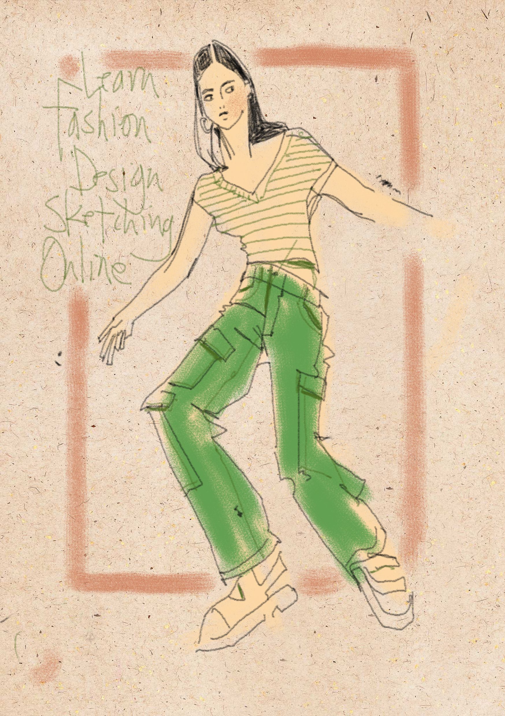 imagink app, stripes, pockets, pants, jeans, tshirt, frame, cargo pockets, fashion illustration, pencil and pastel, framed, text, Laura volpintesta. sandals, dynamic pose
