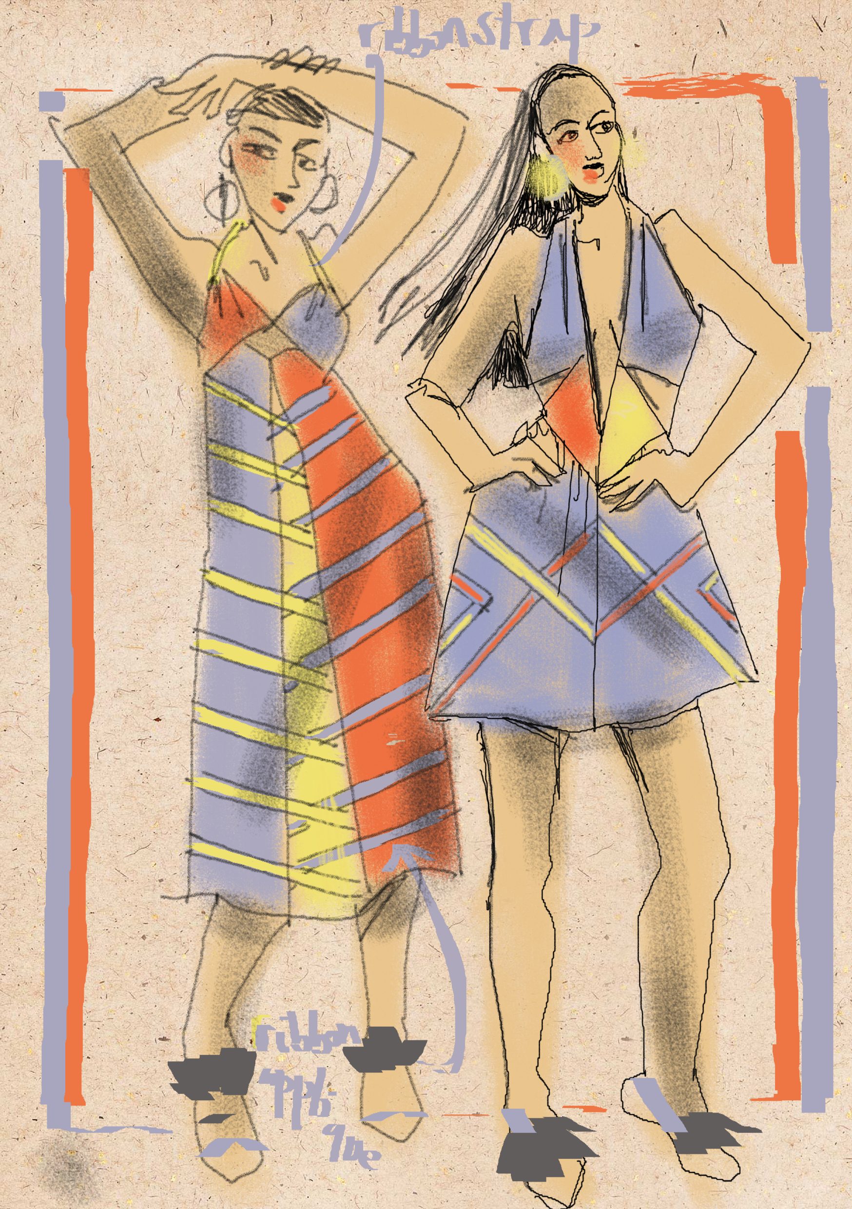 Creative fashion design sketching for a mini collection concept of a pair of summer dresses using digital apps for pastel and pencil fashion illustration by Laura Volpintesta