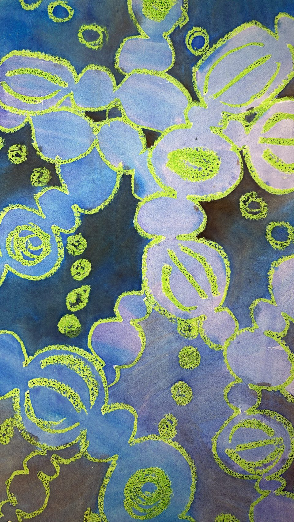 Oil pastel and watercolor fashion fabric print design concept with batik effect, by Laura Volpintesta