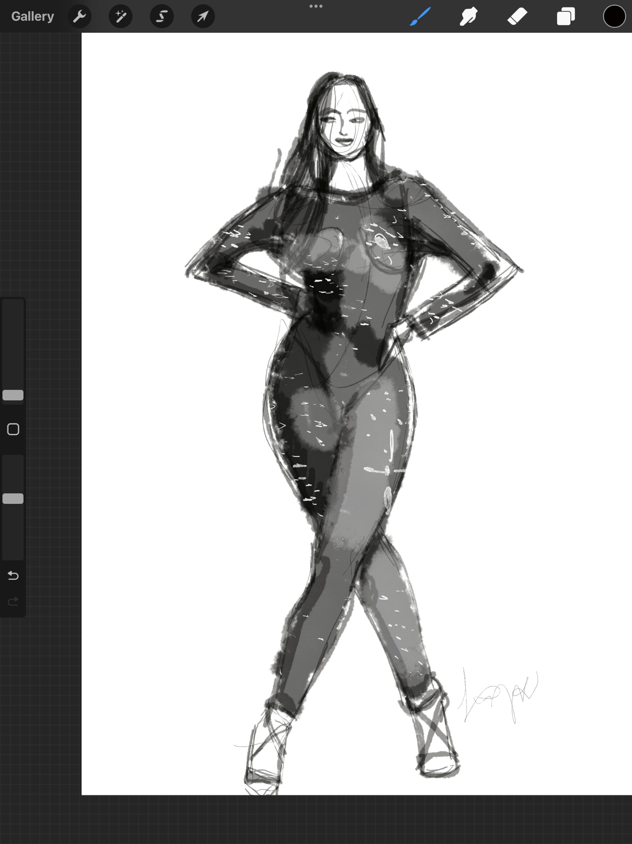 sparkly fashion model drawing catsuit bodysuit fashion illustration with shine and shadow, heels, and crossed legs. Laura Volpintesta