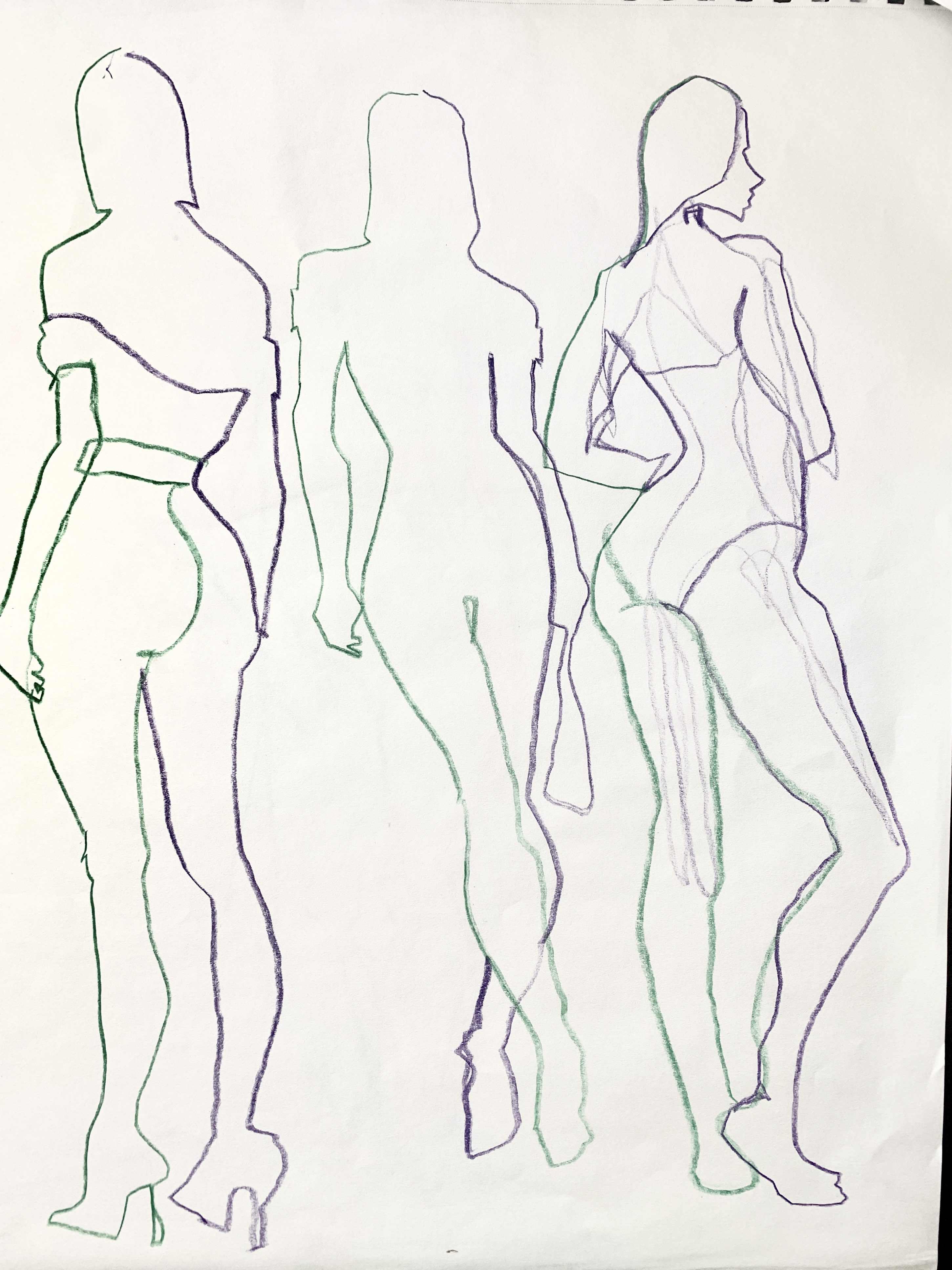 contour drawing ,model drawing, 3 figures, multiple poses, two colors, two hands at once figure studies by Laura Volpintesta