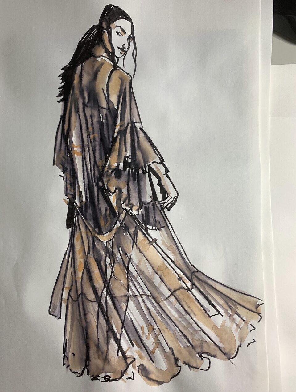 Tombow, brush tip, water soluble, marker, watercolor, contours, gathers, tiers, back view, movement, flow, sleeves, ruffles, gouache wash, sheer, silhouette, fashion illustration, model drawing, laura volpintesta