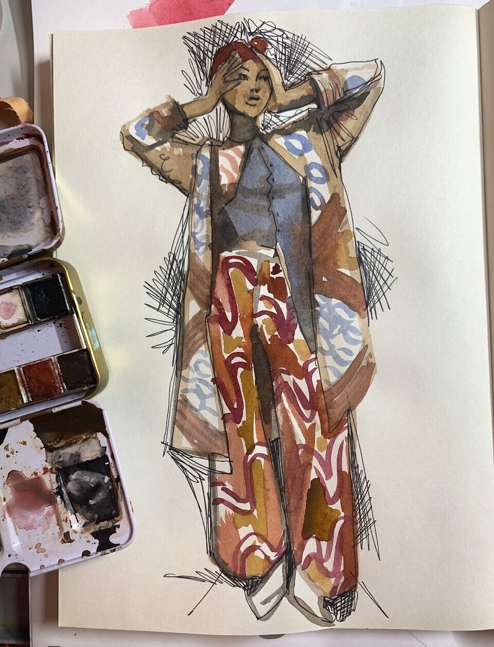 gouache, wash, layers, maxi prints, patterns, layering, turban,ballpoint pen, ink, wide leg pants, shadow, contours, buttons, perpective