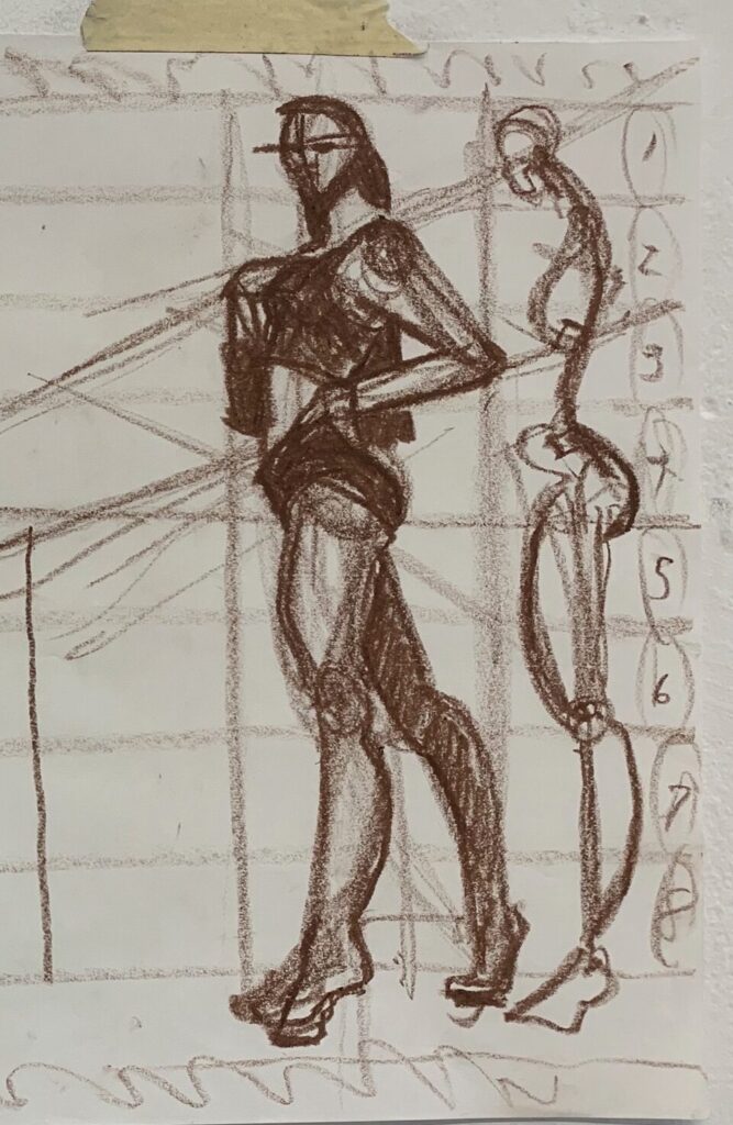 Profile model drawing study, skeleton, angles, proportions, muscle tone, legs, mapping pose, oil pastel, laura volpintesta