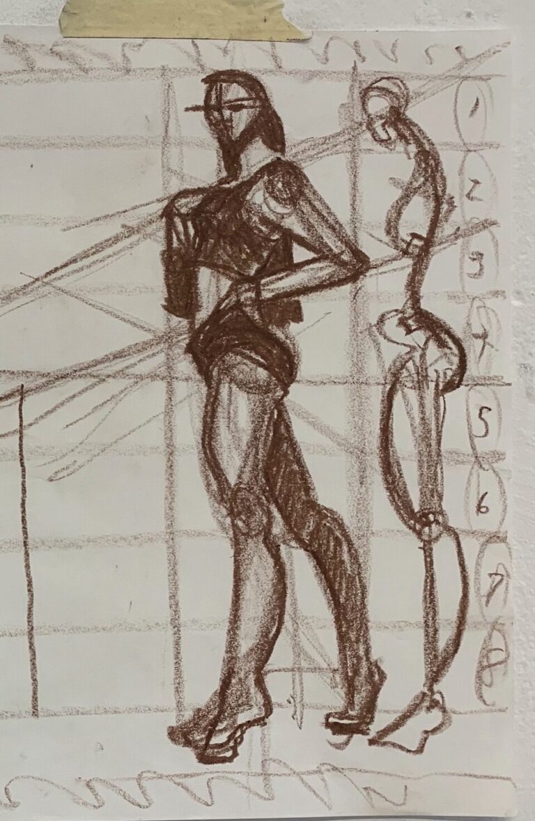 Profile model drawing study, skeleton, angles, proportions, muscle tone, legs, mapping pose, oil pastel, laura volpintesta