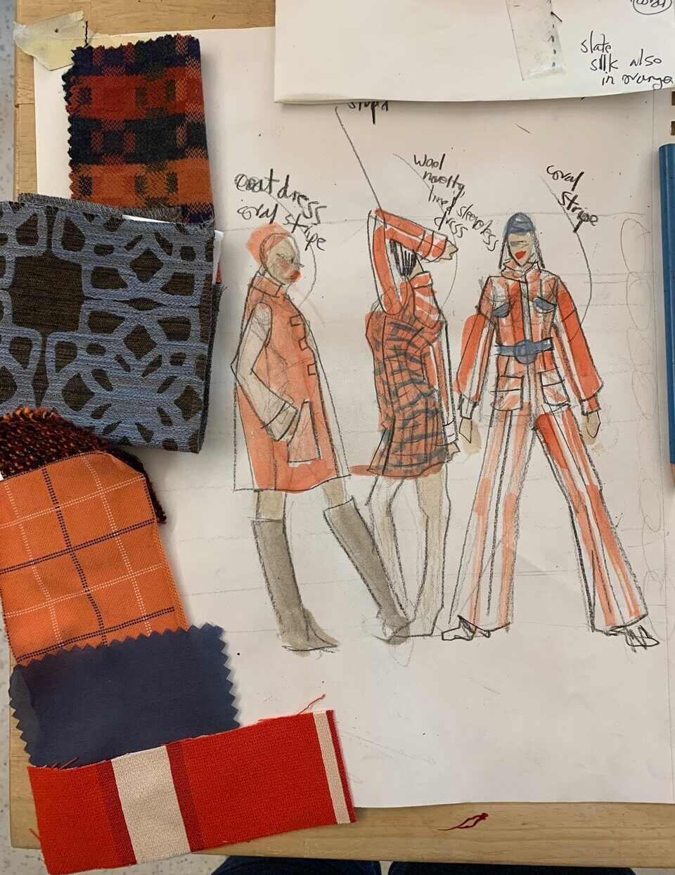 FAbric swatches alongside original fashion croquis sketches bringing the swatches to life, in gouache by Laura Volpintesta