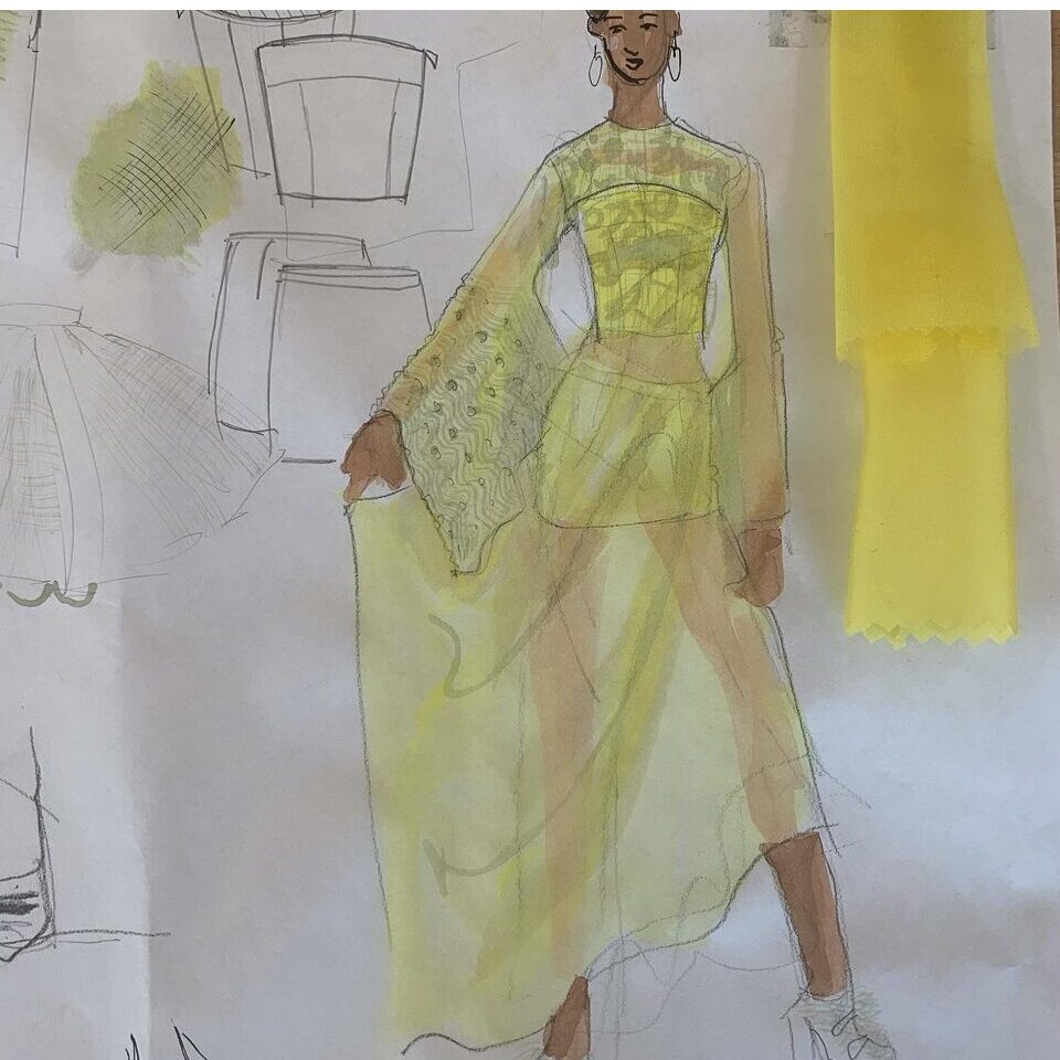 fabric swatches and eveningwear sheer and lace yellow dress quick fashion croquis original design by Laura Volpintesta
