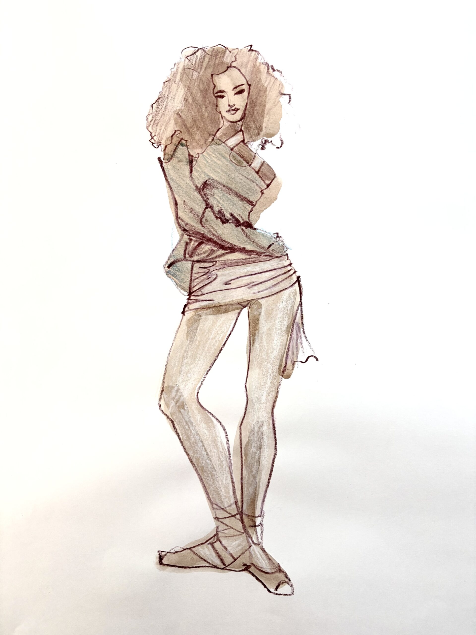 Gouache wash and Colored Pencil Fashion Sketch from live zoom session by Laura Volpintesta