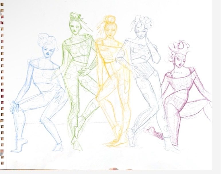 Fashion Model figure drawing exercises layout by laura Volpintesta in colored pencil