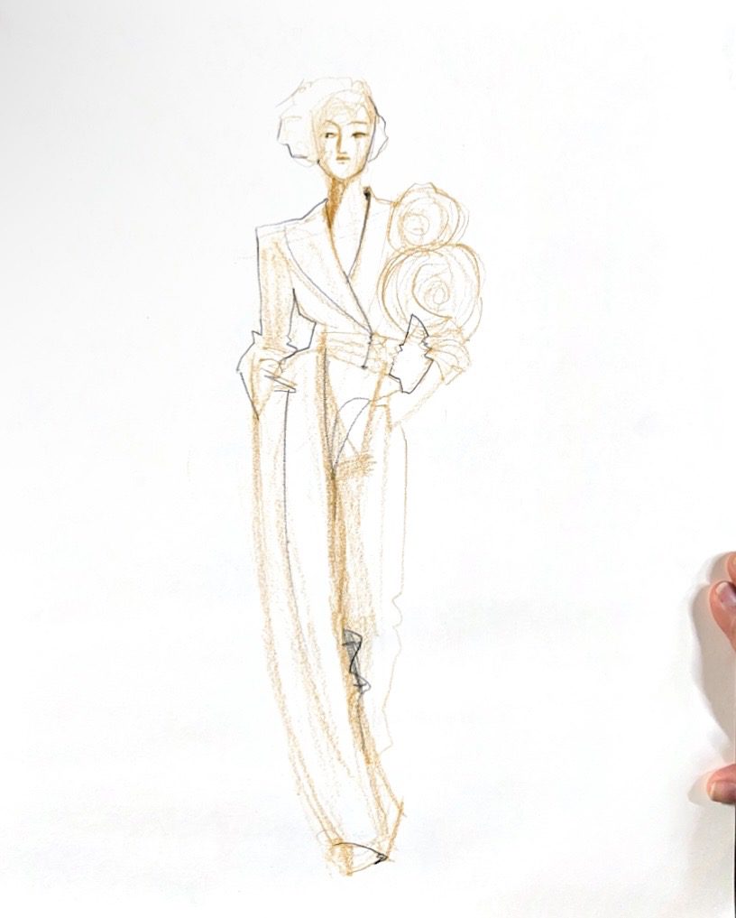 surplice-topped v-neck pantsuit fashion sketch by laura Volpintesta