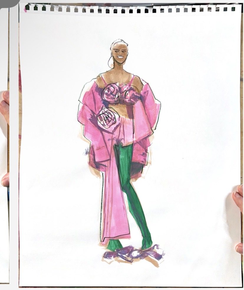 Tafetta rosebud bodice and skirt with jacket, Holiday eveningwear fashion illustration by laura Volpintesta