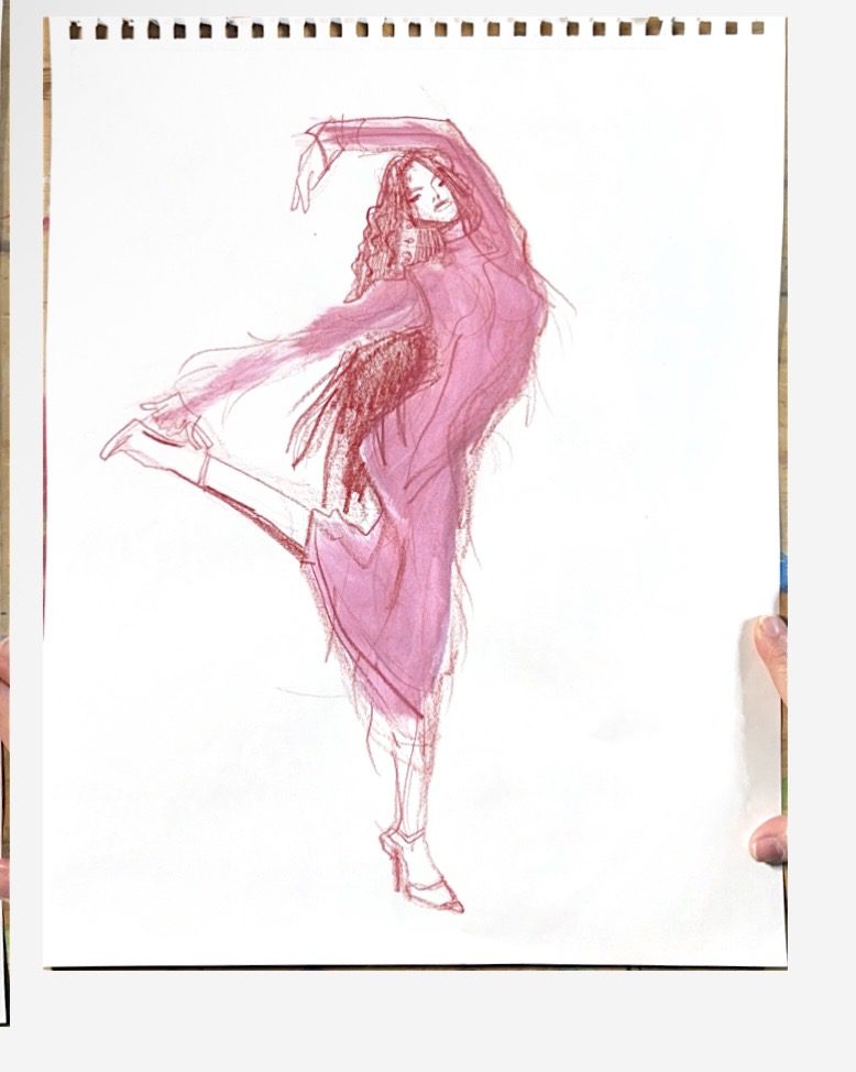 Sheer, fringed stretch tulle dress fashion illustration in red colored pencil and gouache, Illustration by Laura Volpintesta