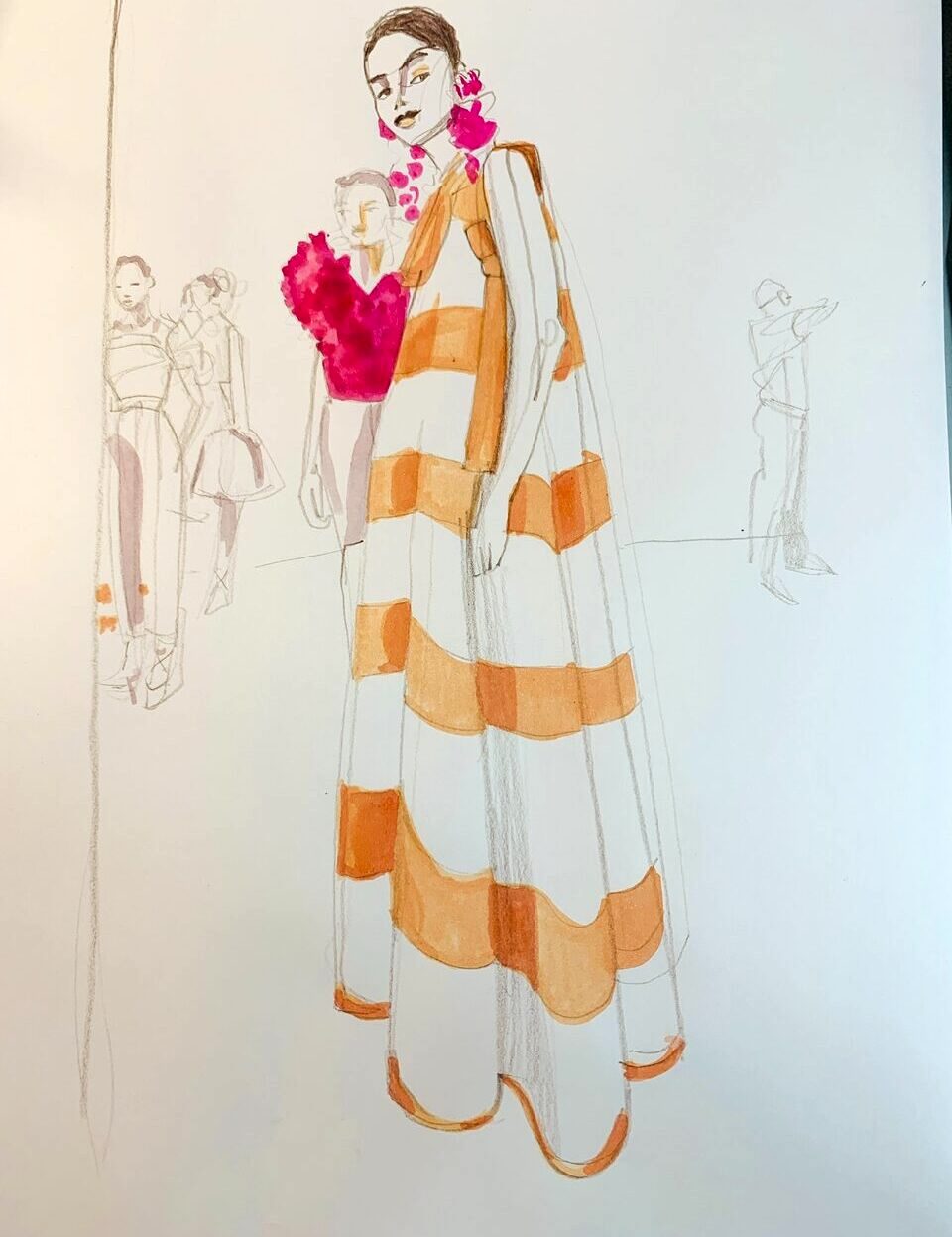 Wash and line fashion illustration of a tent dress, background showing people of various sizes in a crowd on the horizon