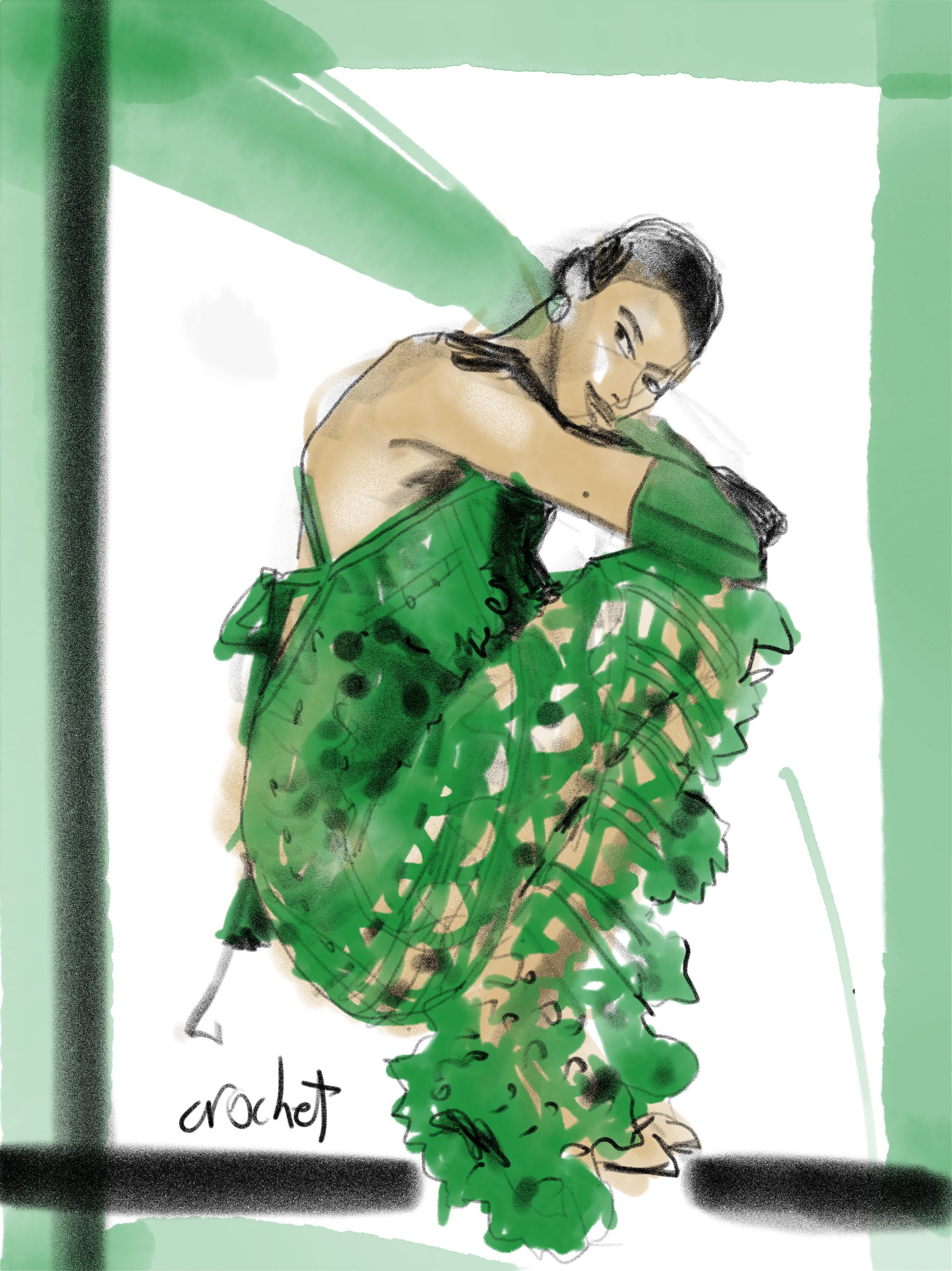 green crochet evening gown fashion illustration by Laura Volpintesta using digital art apps on the ipad pro.