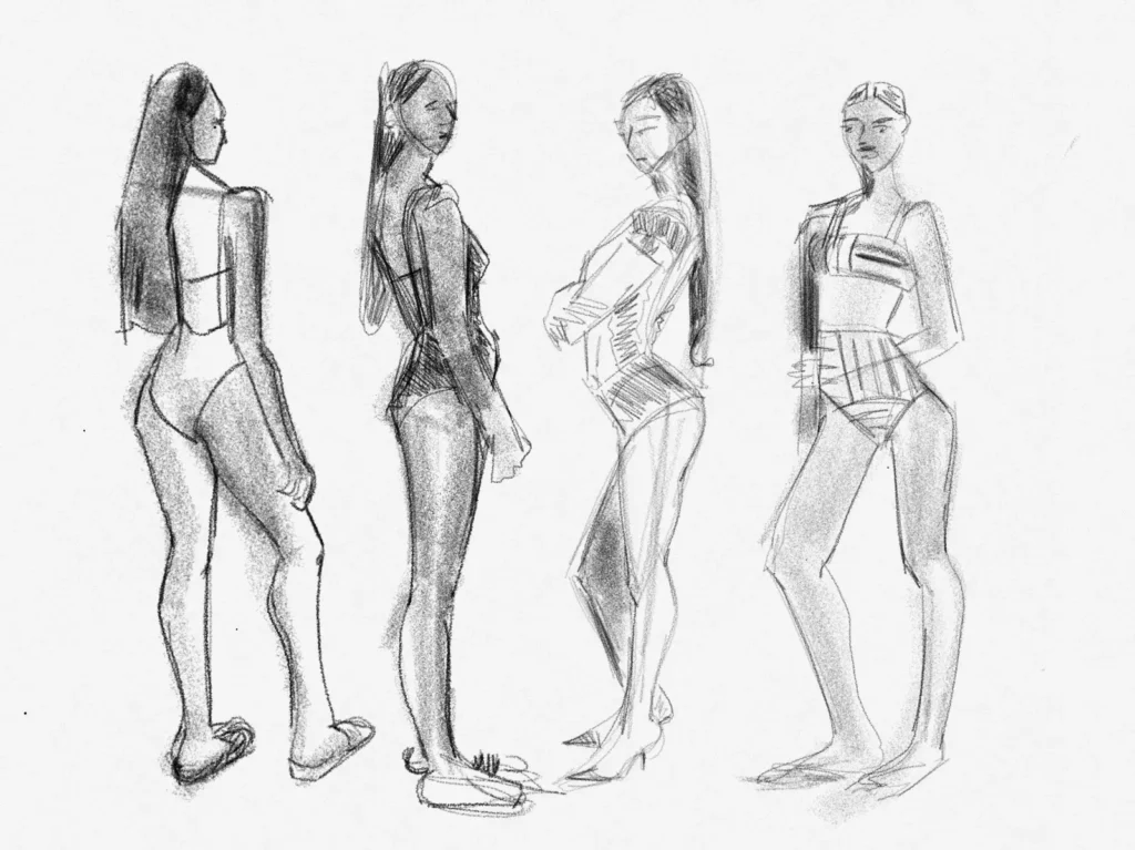 fashion Model drawing studio art classes for fashion illustrators and design majors live on zoom: 4 fashion figure studies using art apps by Laura Volpintesta