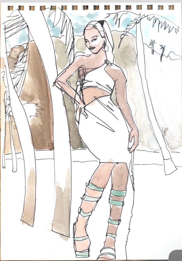 Asymmetrical dress with cutouts , waistline and straps in this fashion design illustration create diagonal movement around the body. Gouache and ink pen fashion illustration by Laura Volpintesta