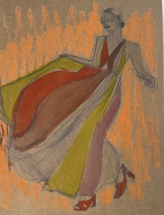 asymmetry created through color blocking in a dress design. oil pastel , gouache and pencil fashion illustration study on toned paper vertical paneled dress with cutout and vneck, flared hemline. Fashion drawing by laura volpintesta